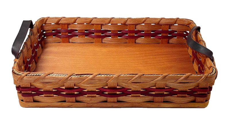 Amish Baskets  Hot Dish/Cake Server Solid Oak Basket With Leather Handles red accent color front view