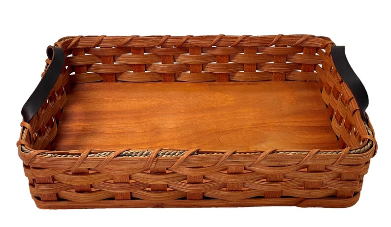 Amish Baskets  Hot Dish/Cake Server Solid Oak Basket With Leather Handles natural accent color