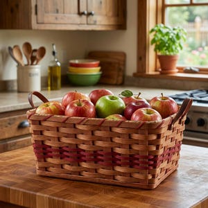 Amish Large Fruit Basket With Solid Oak Bottom and Leather Handles