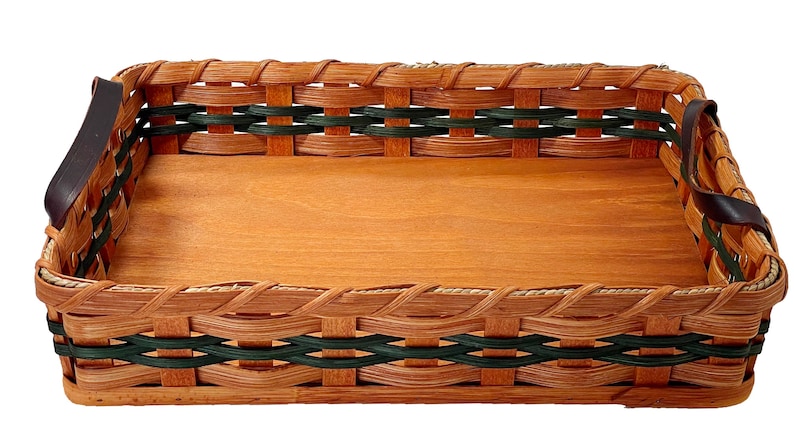 Amish Baskets  Hot Dish/Cake Server Solid Oak Basket With Leather Handles green accent color