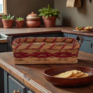 Amish Baskets  Cracker Basket Server Solid Oak Handwoven With Genuine Leather Handles