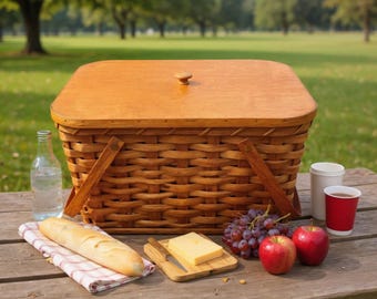 Amish Baskets Picnic Basket Medium Size With Solid Oak Lid and Swinging Handles