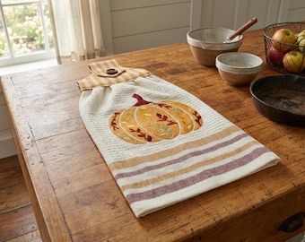 Fall Hanging Dishtowel Handmade With Pumpkin Monogram in Burgundy and Gold