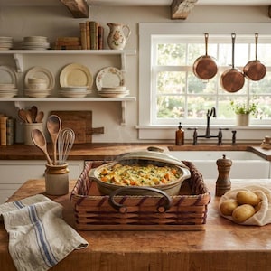 Amish Hot Dish/Cake Server Basket With Solid Oak Bottom Leather Handles Bild 1