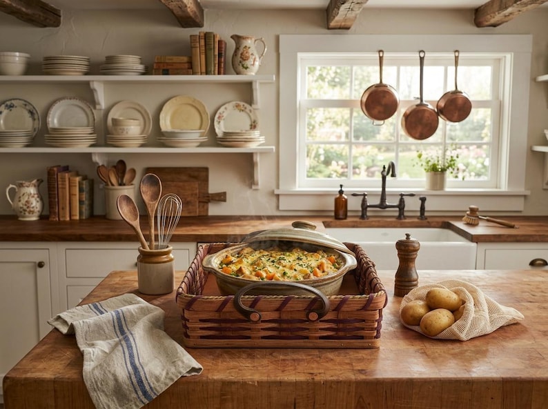 Amish Hot Dish/Cake Server Basket With Solid Oak Bottom Leather Handles Bild 1