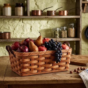 Amish Small Fruit Basket With Solid Oak Bottom and Leather Handles