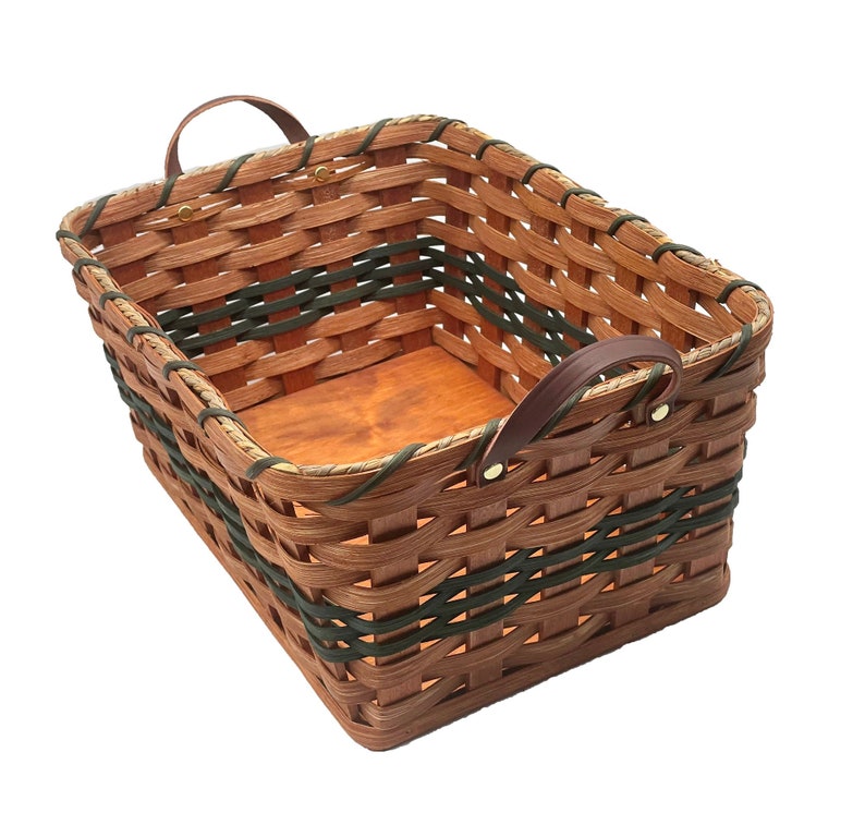 Amish Baskets Fruit Basket Handmade Solid Oak With Leather Handles Large Green