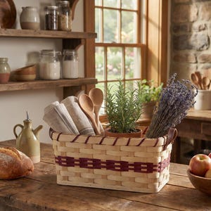 May include: A rectangular woven basket with a burgundy stripe detail, filled with folded linens, wooden spoons, rosemary, and lavender. A loaf of bread and a bowl of apples sit on a wooden table. Kitchen decor.