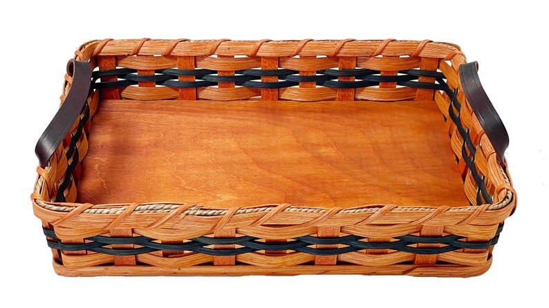 Amish Baskets  Hot Dish/Cake Server Solid Oak Basket With Leather Handles blue accent color