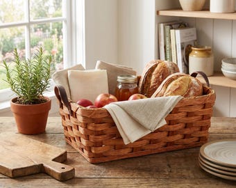 Amish Small Fruit Basket With Solid Oak Bottom and Leather Handles