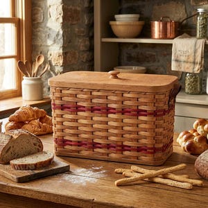 May include: A rectangular woven basket with a flat wooden lid and a small knob handle. The basket features natural light brown wood strips interwoven with two horizontal bands of dark red material and brown leather side handles.