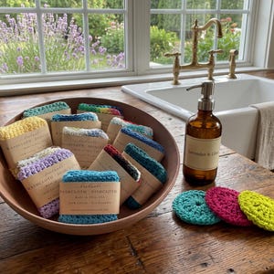 May include: A wooden bowl filled with colorful handmade washcloths, each wrapped with a paper label. Beside the bowl are three crocheted scrubbies in teal, fuchsia, and yellow. A brown glass bottle with a label that reads "Lavender & Lime" sits nearby.