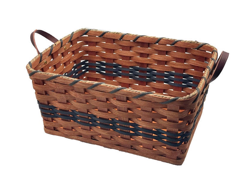 Amish Baskets Fruit Basket Handmade Solid Oak With Leather Handles Large Blue