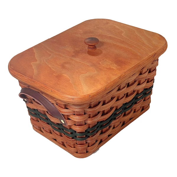 Amish Baskets Small Sewing Storage Basket With Solid Oak Lid and Leather Handles