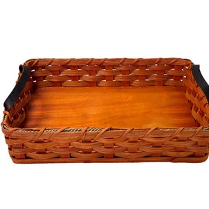 Amish Baskets  Hot Dish/Cake Server Solid Oak Basket With Leather Handles natural accent color front view