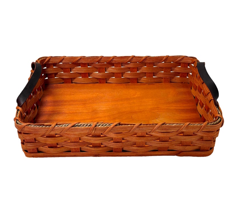 Amish Baskets  Hot Dish/Cake Server Solid Oak Basket With Leather Handles natural accent color front view