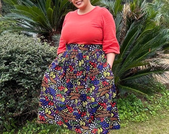 Tea Skirt/ African Waxprint/ Flowers/Pockets/ Black Skirt