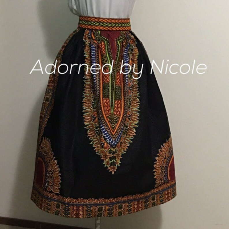 Dashiki Skirt African Print Black Midi Skirt Pockets Ankara