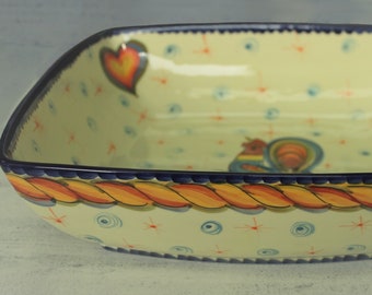 Handmade Large Serving Bowl | Square Portuguese Pottery | Rustic Tableware | Amoré Rooster