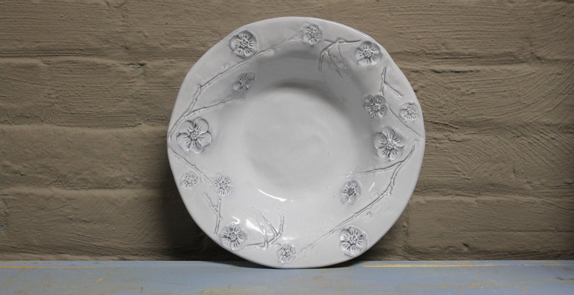 Pressed Flowers White Gardenia Ceramic Pasta Bowl Handmade