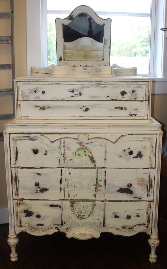 Antique Provencial Dresser with Original Mirror Hand Painted French Country Shabby Chic Furniture Chest of Drawers Highboy Dresser