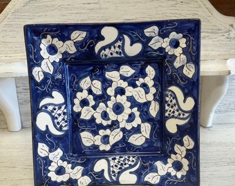 Small Square Blue Plate with Mini Sunflowers, Made in Portugal