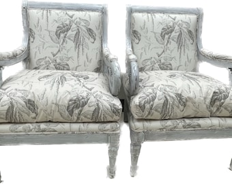 Antique Fauteuil Style Mahogany Chairs with Upholstered Back, Armrest & Down Feather Seat Cushion Restored and Refinished in French Patina