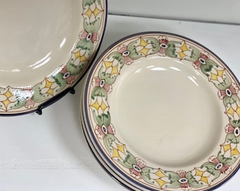 Pasta Bowls / Beige Zinnia Flower / Handmade Portuguese Dinnerware Set of 4