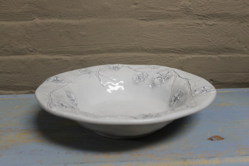 Ceramic Pasta Bowl Set of 4 / White Gardenia Pressed Flowers / Handmade Portuguese Dinnerware