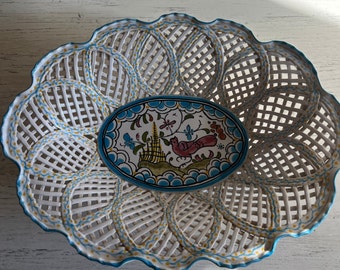 Open Weave Lattice Ceramic Basket ~ Made in Portugal ~ Oval Dish