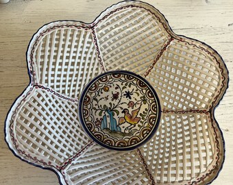 Open Weave Lattice Ceramic Basket ~ Made in Portugal ~ Large Flower Bowl