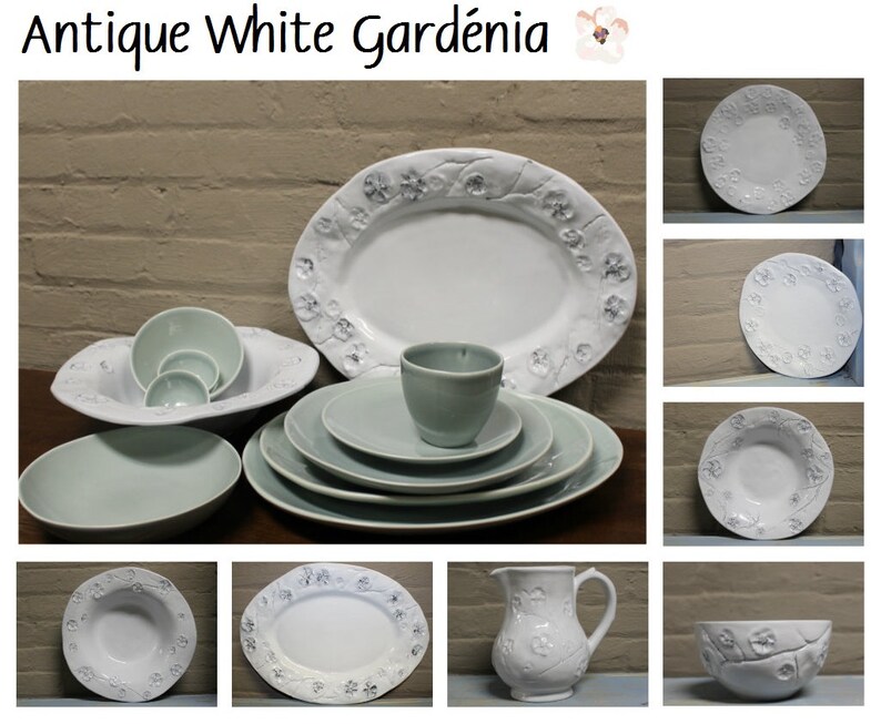 Ceramic Pasta Bowl Set of 4 / White Gardenia Pressed Flowers / Handmade