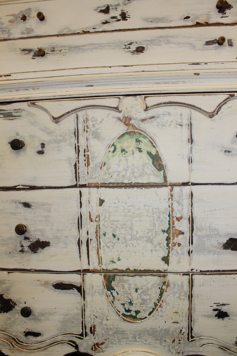 Antique Provencial Dresser with Original Mirror Hand Painted French Country Shabby Chic Furniture Chest of Drawers Highboy Dresser