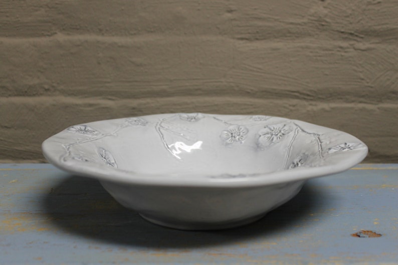 Ceramic Pasta Bowl Set of 4 / White Gardenia Pressed Flowers / Handmade