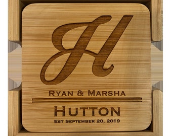 Set of 6 Laser Engraved Monogrammed Bamboo Coasters with holder