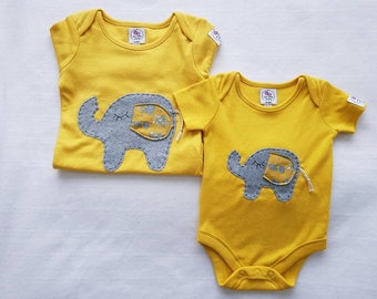 Baby Girl mustard yellow  bodysuit with elephant applique long and short sleeve