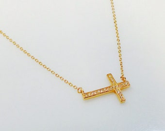 Sideways Cross Cz Necklace - 14kt Gold Filled Cz Horizontal Cross -  Faith Jewelry, Gift, Bridesmaid Gifts cross Pendant necklace