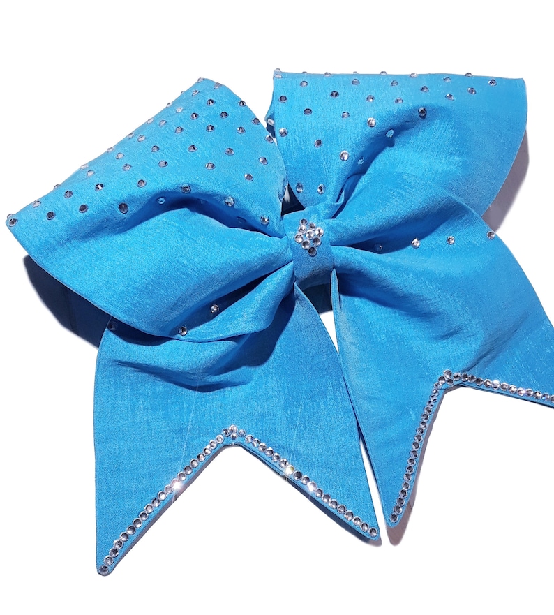 fabric bling hair bow satin bow all star cheer bow Turquoise blue cheer bow tick tock