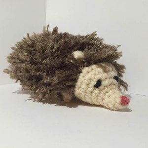 May include: A crocheted hedgehog plush toy with brown fur, white crocheted face, black eyes, and a pink nose.
