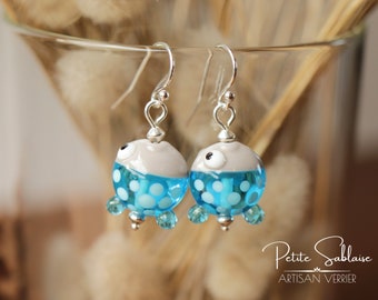 Boucles d’Oreilles Artisanales Fantaisies Petits Poissons turquoises, Argent 925, Perle de Verre au chalumeau, Mer Océan Plage, Cadeau Femme