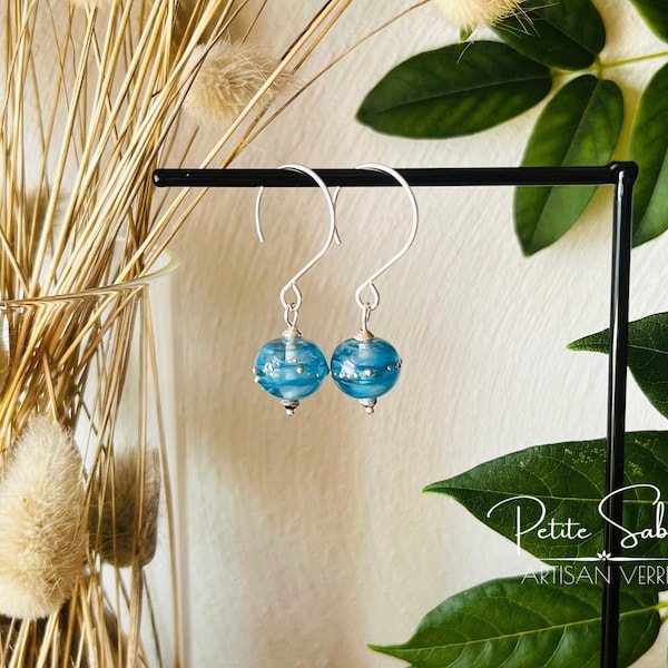 Boucles d'oreilles "Tourbillon" en Verre de Murano et en Argent massif, Artisanal, Constellation étoile Bleu,Cadeau Anniversaire Noêl Femme