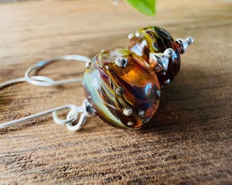 Handmade Dangle earrings in Murano Glass and Sterling Silver | Celestial Jewelry |Lampwork glass bead Flower Bohemian Christmas Gift for Her