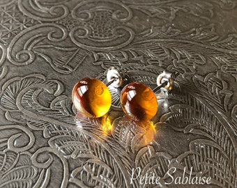 Amber Murano Glass and Hypoallergenic Surgical Steel (Stainless Steel) Stud Earrings, Made by a Glass Craftsman