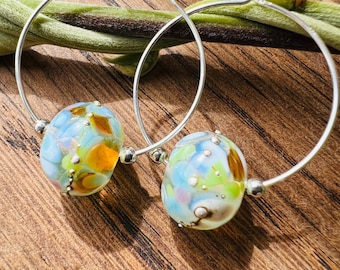 Handmade Hoop earrings in Murano Glass and Sterling Silver | Constellation Jewel |Lampwork glass bead Flower Bohemian Christmas Gift for Her