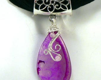 Bijou d'écharpe ou de foulard, bélière argentée wire wrapping avec agate druze rose
