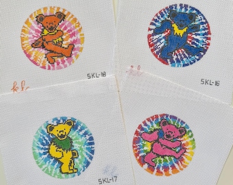 Tie-Dye Dancing Bear Needlepoint Canvas Collection - Set of 4 - Hand Painted - 4 inch round