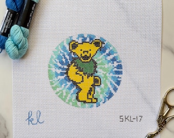 Yellow Tie-Dye Dancing Bear Needlepoint Canvas - Hand Painted - 4 inch round