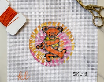Orange Tie-Dye Dancing Bear Needlepoint Canvas - Hand Painted - 4 inch round