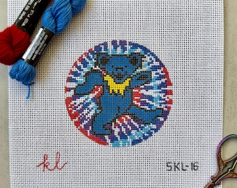 Blue Tie-Dye Dancing Bear Needlepoint Canvas - Hand Painted - 4 inch round