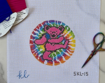 Pink Tie-Dye Dancing Bear Needlepoint Canvas - Hand Painted - 4 inch round